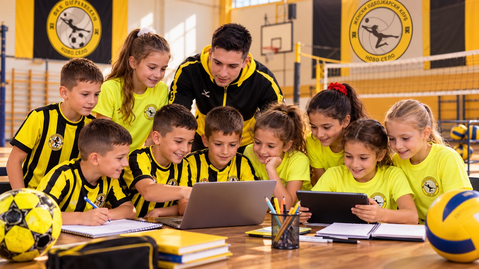 Illustrative concept of children from the football and volleyball communities learning digital skills together