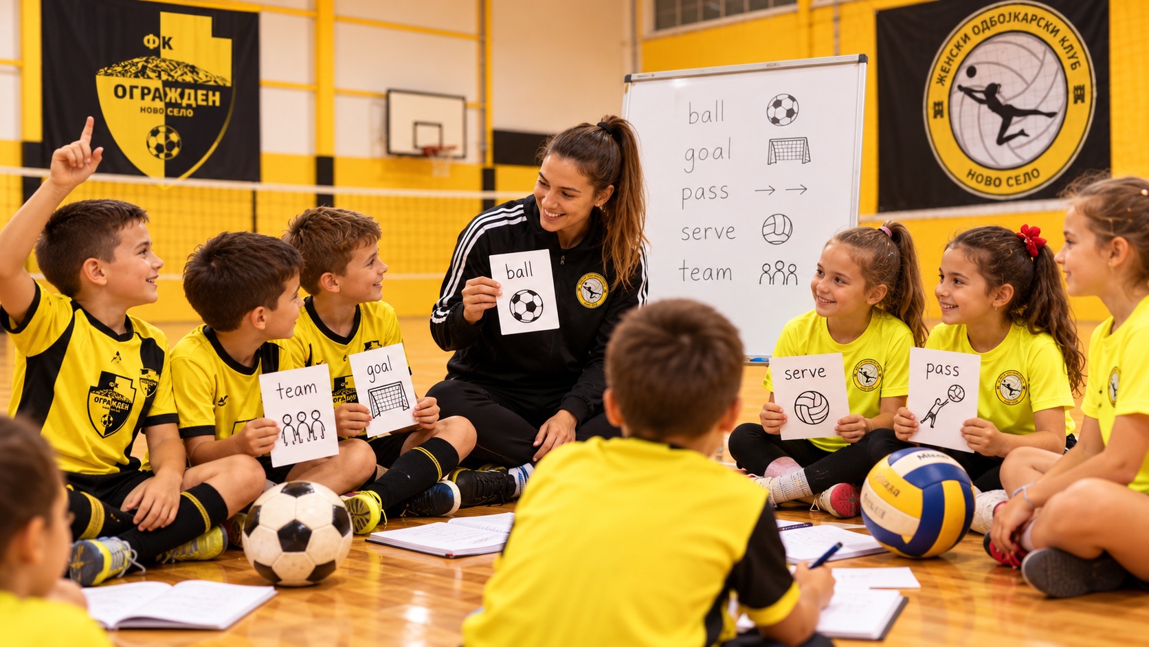 Illustrative concept of children from the football and volleyball communities learning English together