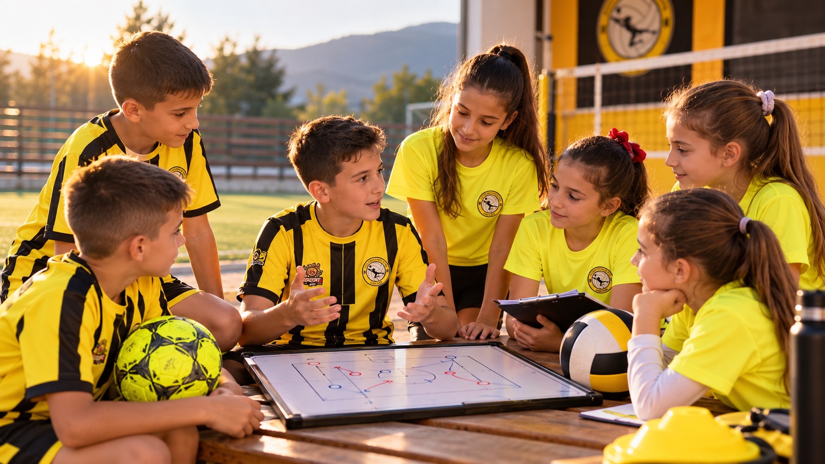 Illustrative concept of young football and volleyball participants developing leadership and teamwork skills