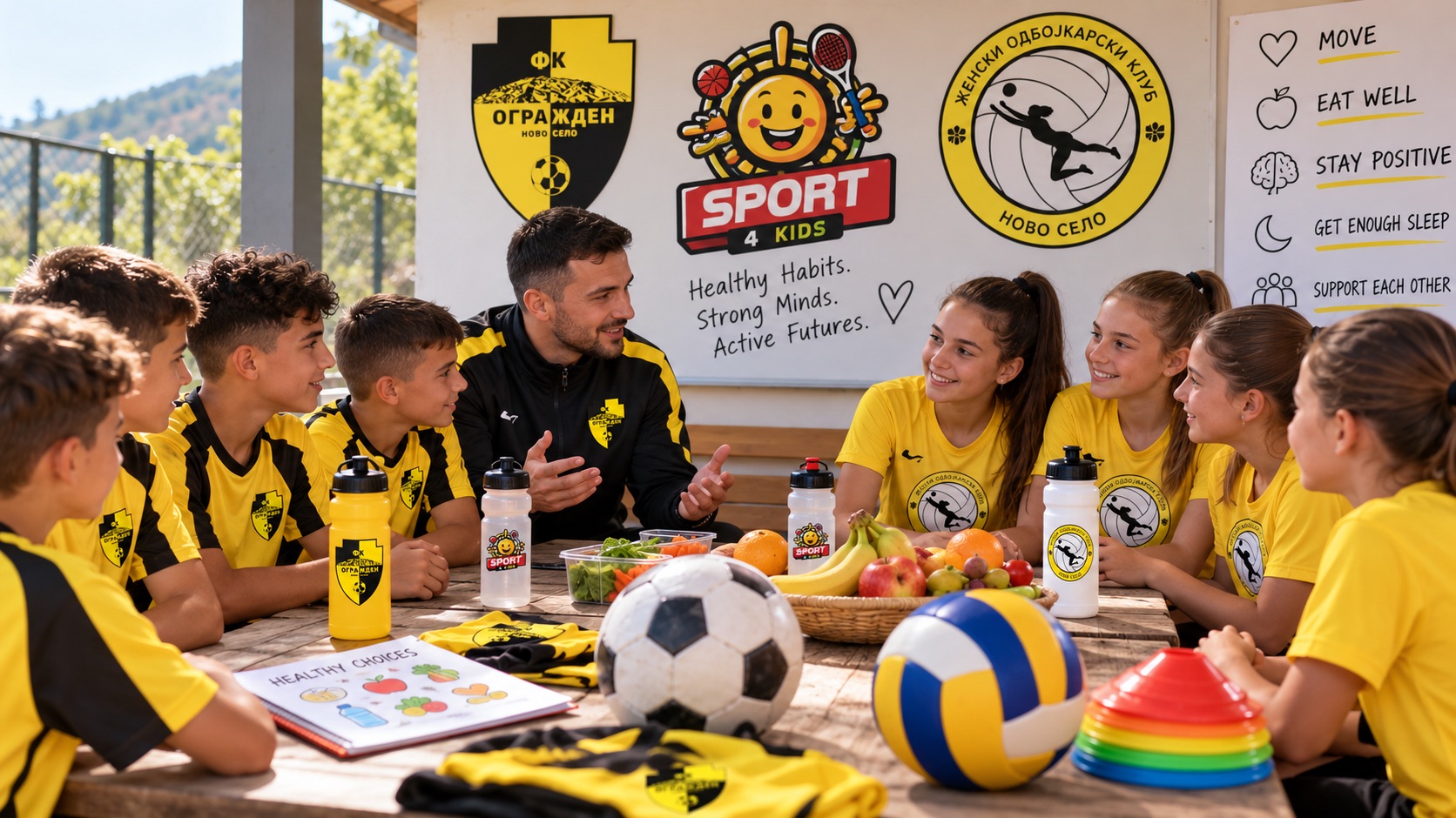 Illustrative concept of young football and volleyball participants learning about healthy lifestyles and well-being